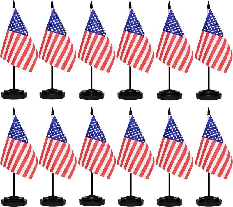 tibijoy USA Flags American Desk Flag Set Small Mini US Table Office Flag with 13" Black Pole, Black Base and Spear Top,Miniature American Deluxe Desktop Flag, Home Decoration, Office Decoration, Festival Celebrations(12 Pack ) - Image 1